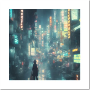 Urban Atmosphere Artistry - Moody Anime Noir Cinematic Japanese Cityscape Posters and Art